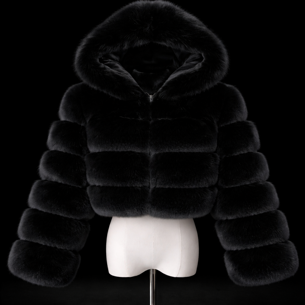 LUXURY FUR - Giacca Pelliccia Eco con Cappuccio Nero Cropped