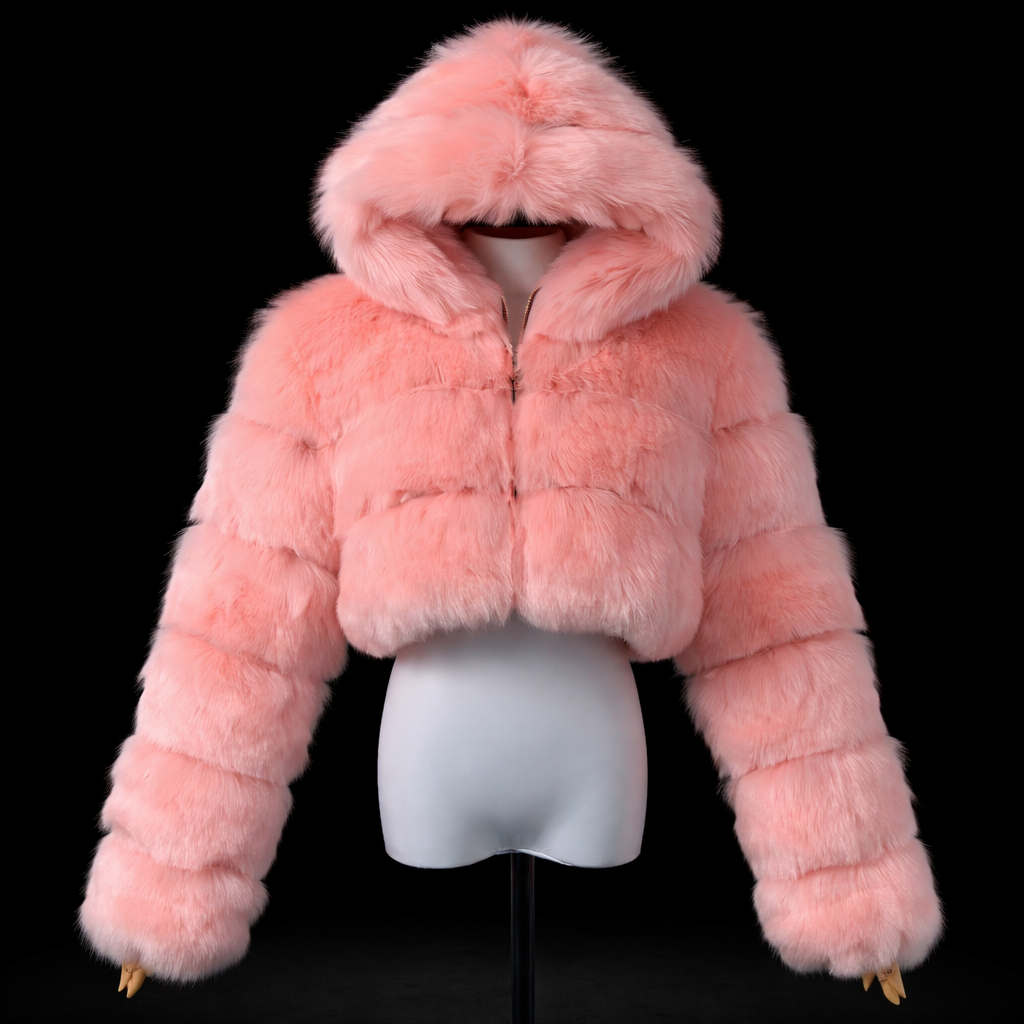 LUXURY FUR - Giacca Pelliccia Eco con Cappuccio Rosa Cropped