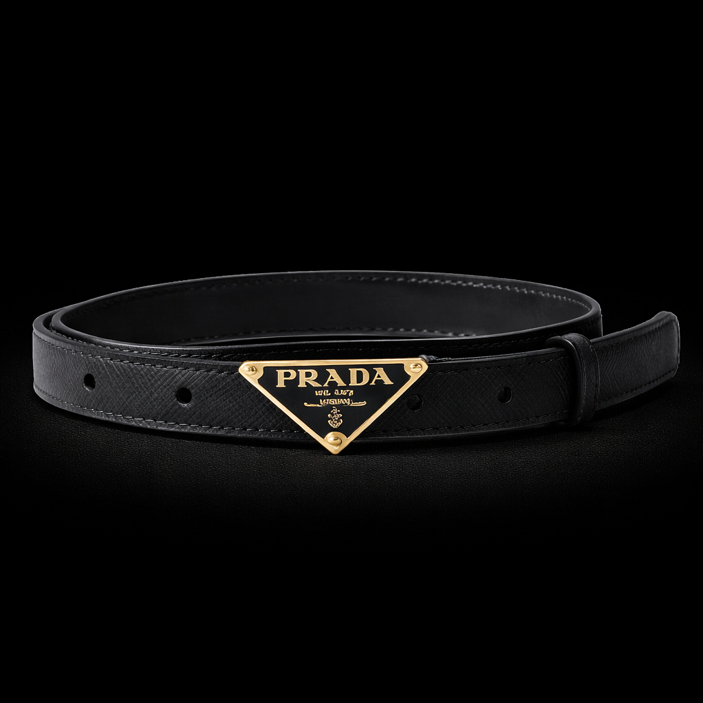 PRADA - Cintura Sottile in Pelle Nera 110 cm con Logo Triangolo Oro