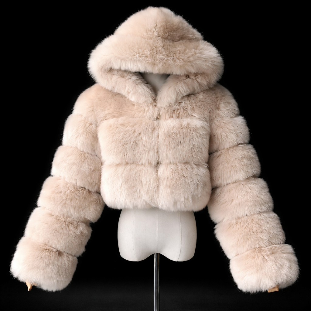 LUXURY FUR - Giacca Pelliccia Eco con Cappuccio Beige Cropped